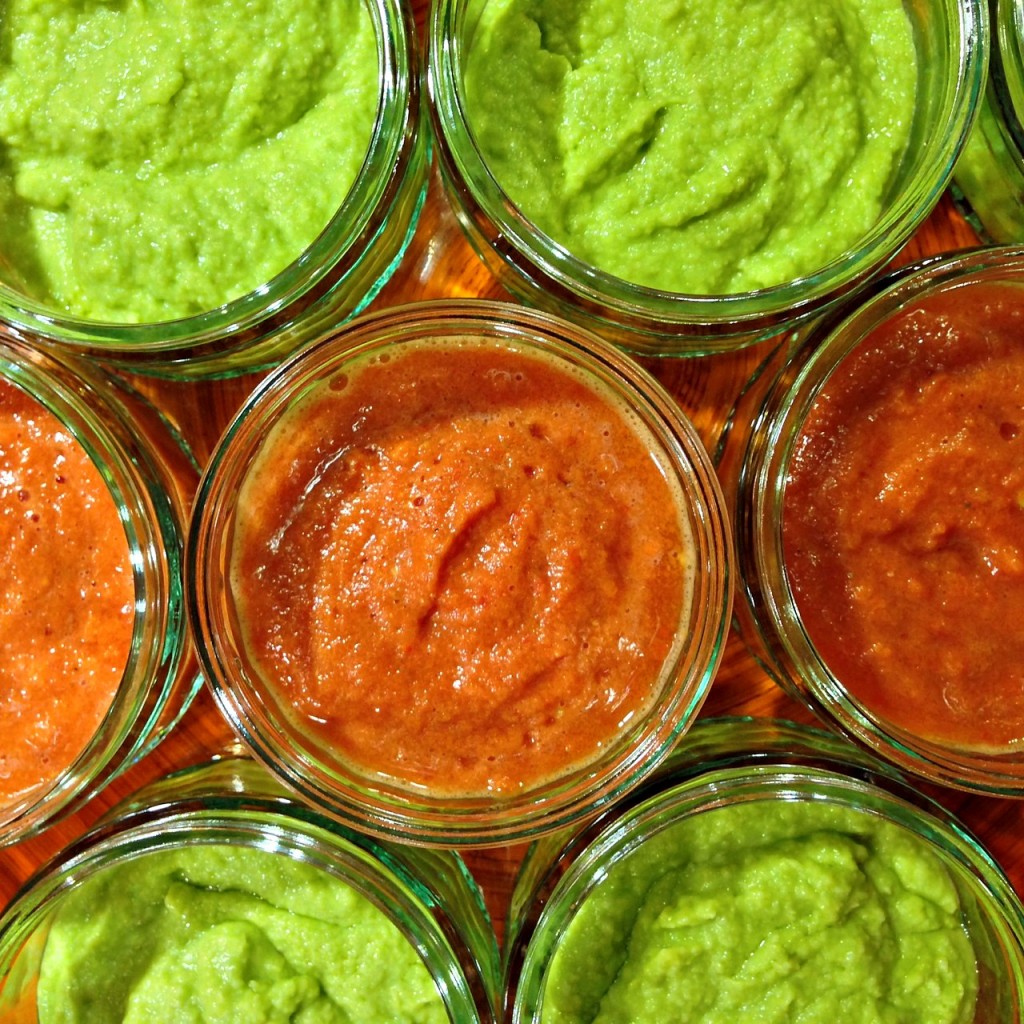 Top view of salsas and dips, green and red.