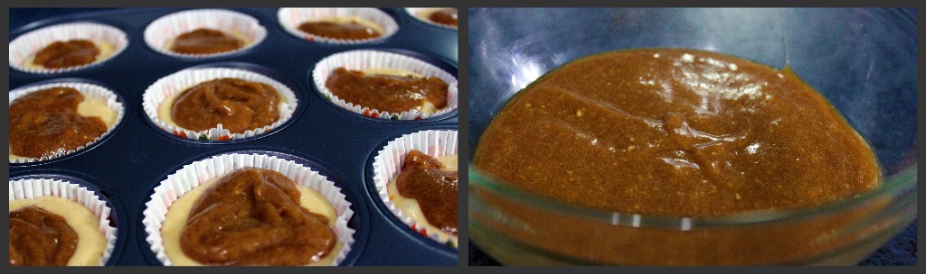 Caramel drizzled into cupcake tin.