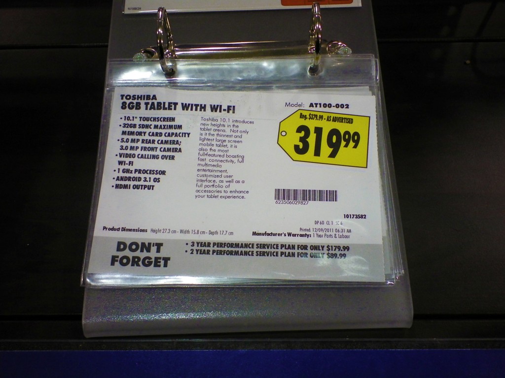 The price tag of the Toshiba tablet.