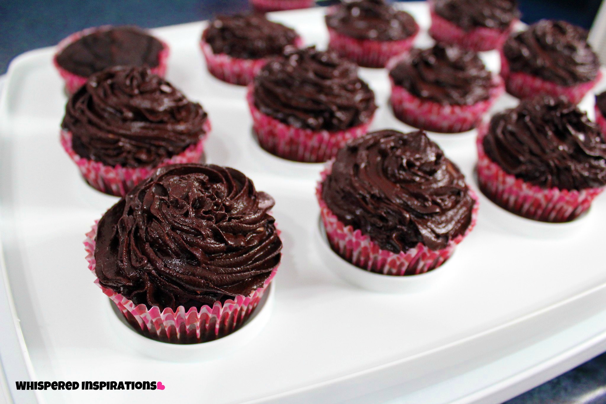 A close up of the piped chocolate cupcakes.
