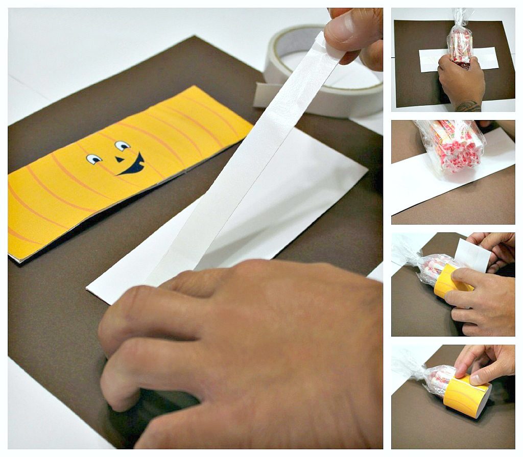 A step by step guide on how to attach the double sided tape to the jack o' lantern craft. 