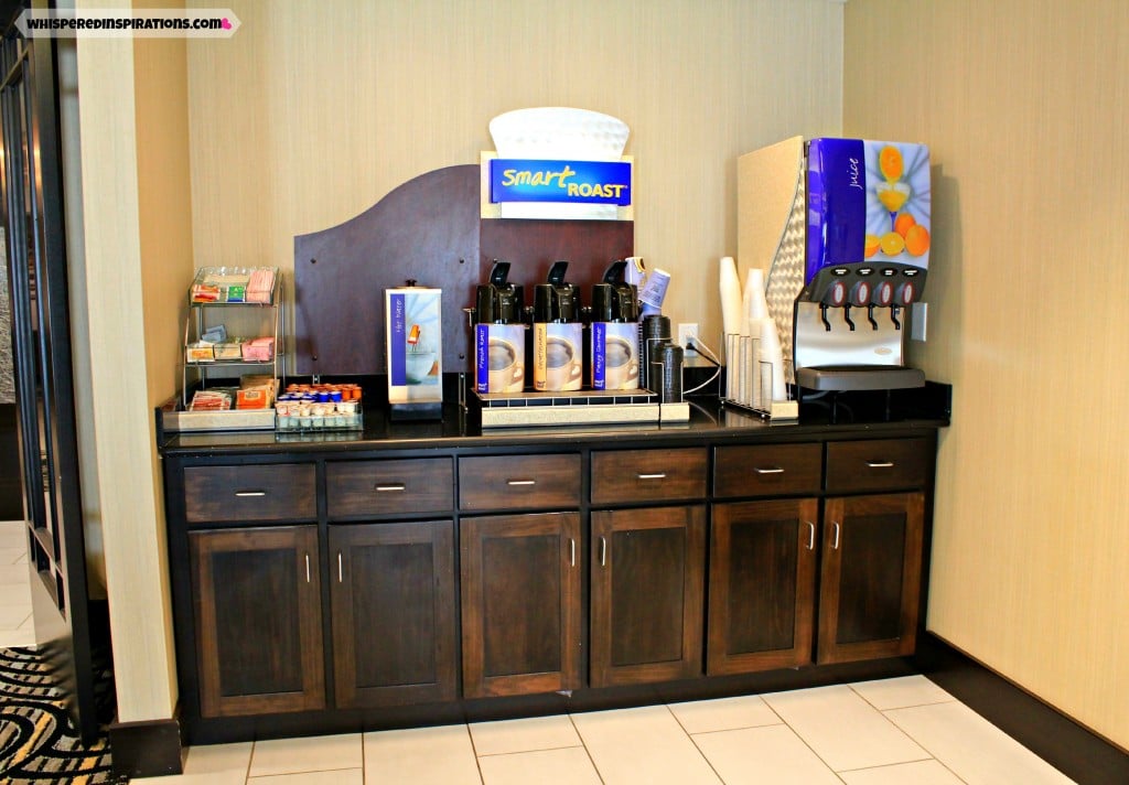 The Holiday Inn Breakfast area with coffee, teas, and juices ready to be served.