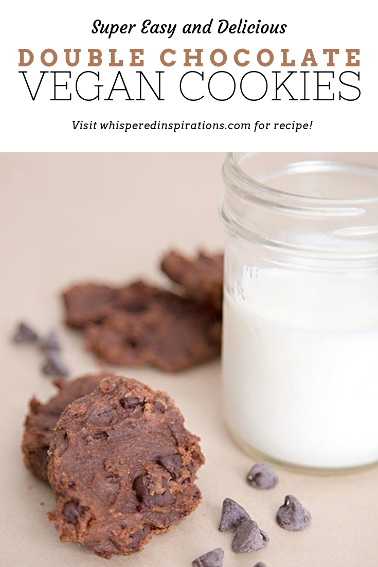 Vegan Chocolate Cookies with a mason jar of milk and chocolate chip cookies surrounding it. A banner below reads, "double chocolate vegan cookies recipe."