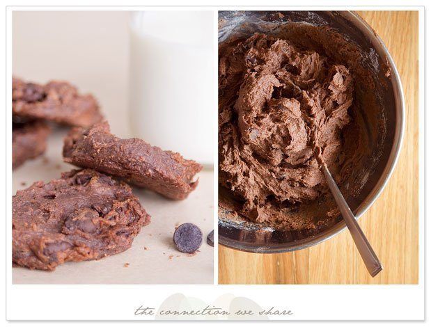 A close up of the vegan chocolate fudge cookies, a bowl showing the mixed batter.