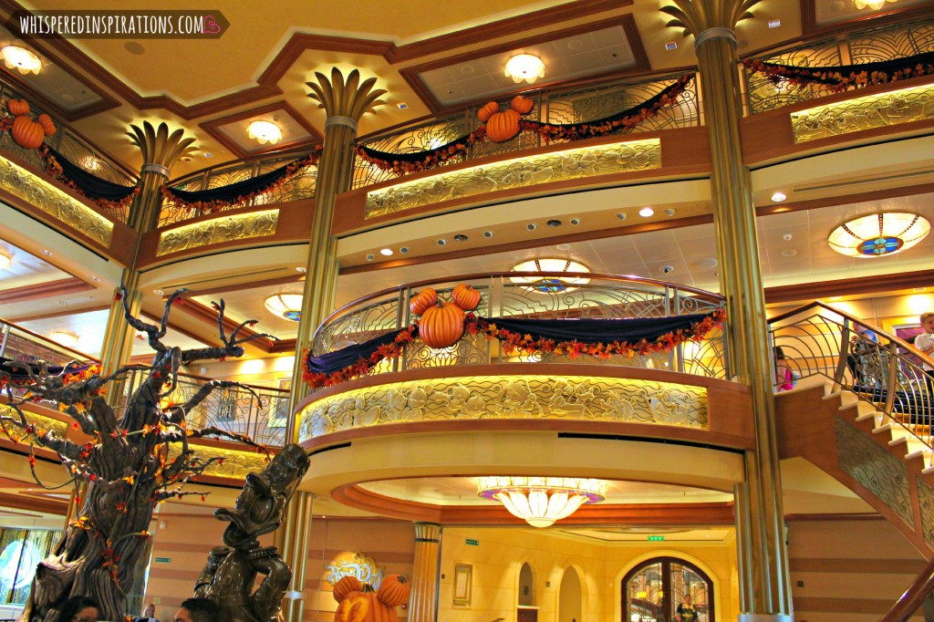 A look of the lobby inside the Disney Cruise, decked out in Halloween decorations.