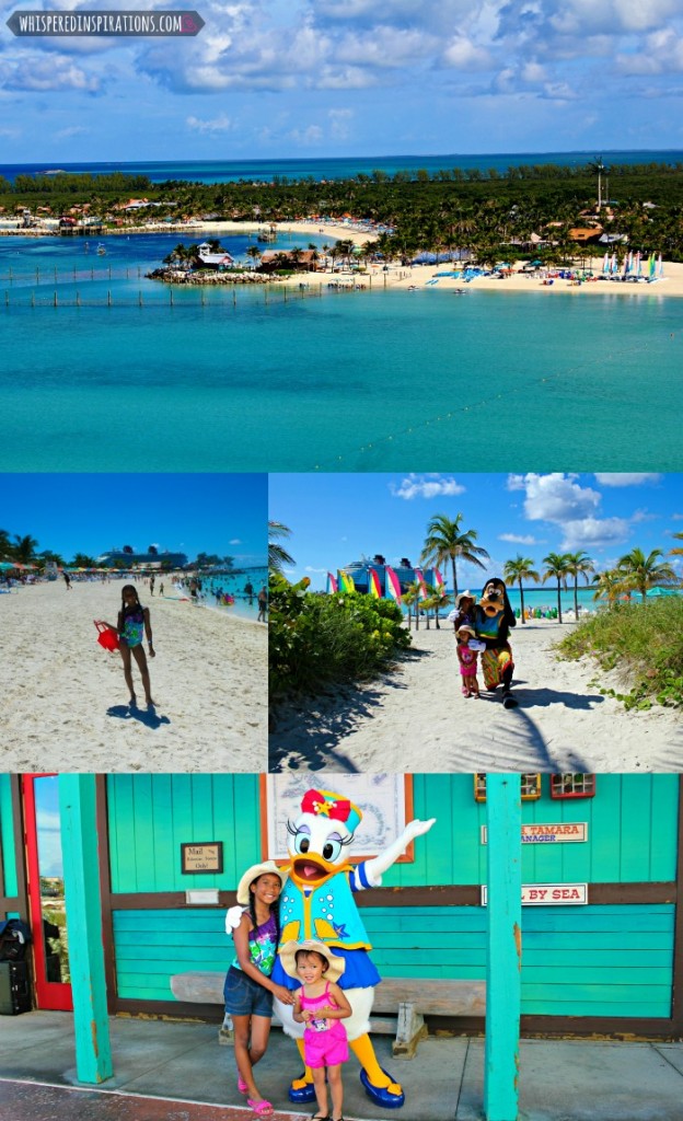 A collage of Castaway Cay and the girls posing with Daisy and Goofy.