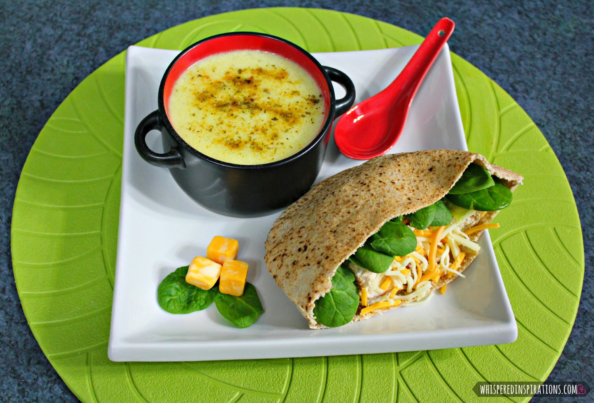 Chicken pitas with a side of potato soup. 