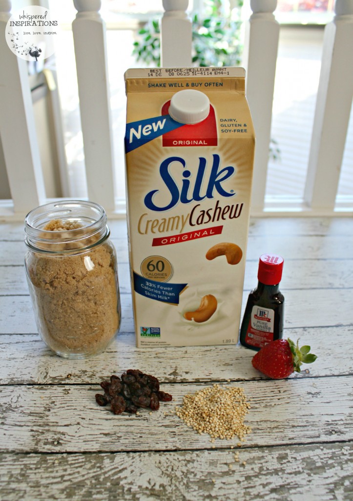 The ingredients of vanilla quinoa pudding are shown. Cashew milk, brown sugar, vanilla extract, quinoa, and raisin.