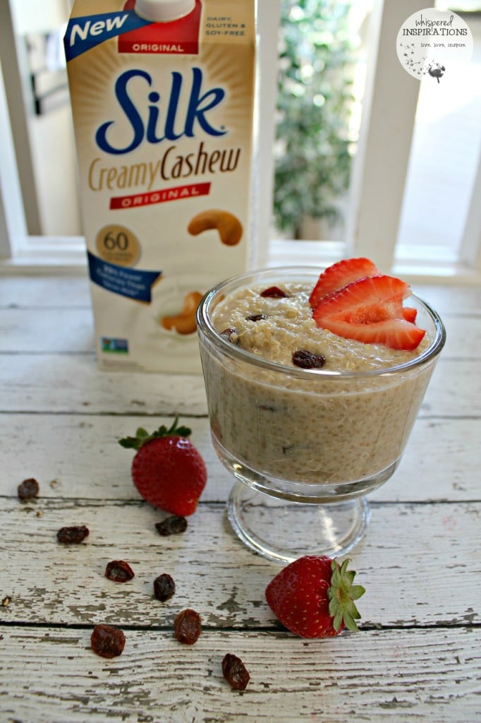 A cup of delicioius vanilla quinoa pudding made with New Silk Creamy Cashew milk.