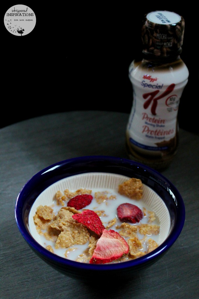 A cereal with Special K and strawberries and milk with a Special K shake. 