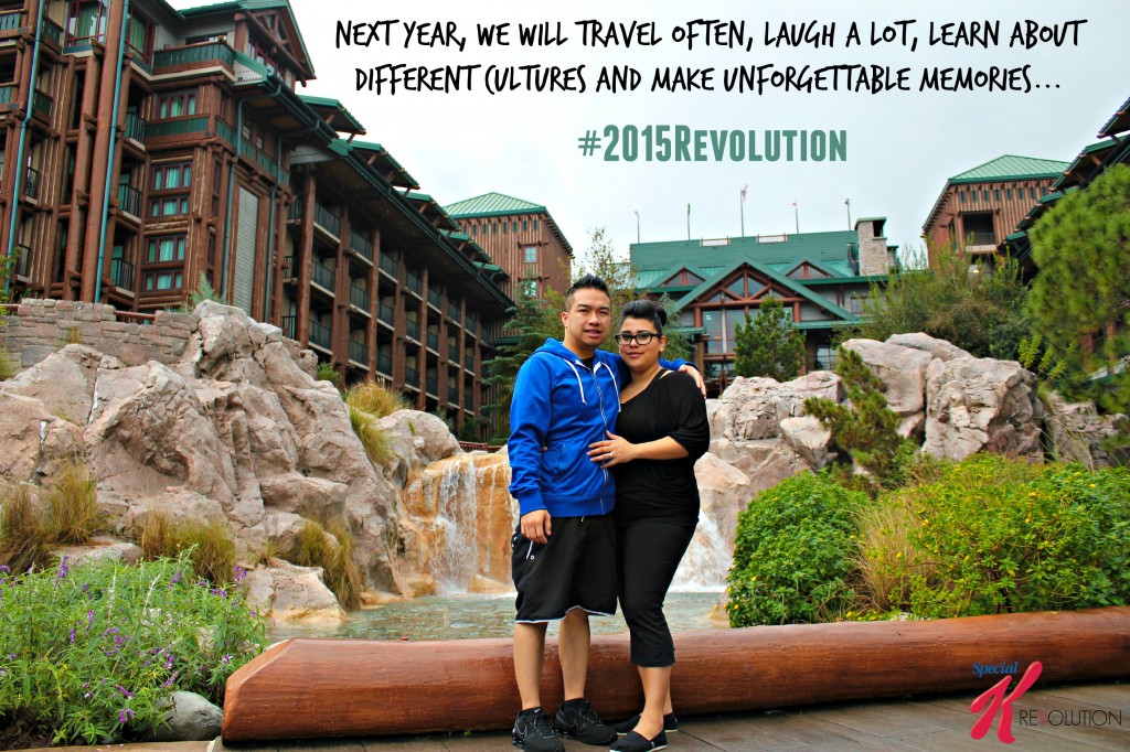 A couple stands in front of a fountain at a resort with their 2015 resolution.