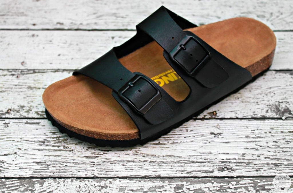 Viking Sandals from Yengo.ca. Just one sandal is shown on a wooden background.