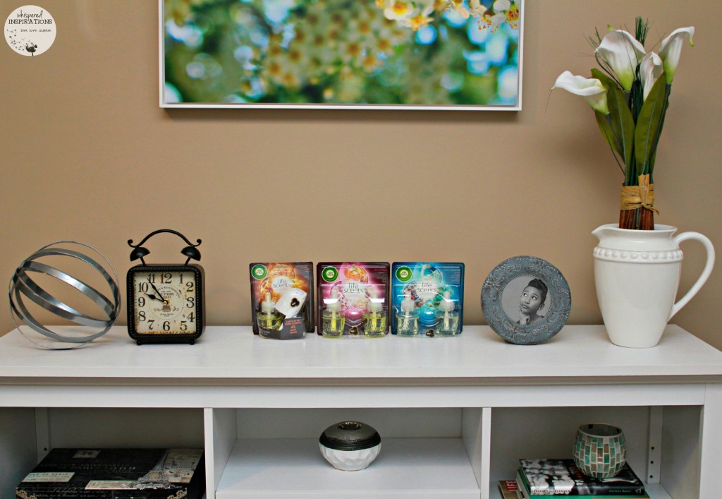 A bookshelf with Air Wick lined up ready to be used. 