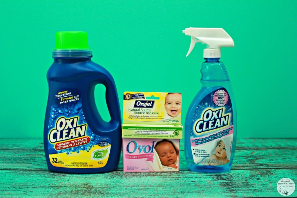 A bottle of OxiClean, Ovol Drops, Orajel, and OxiClean are shown. 