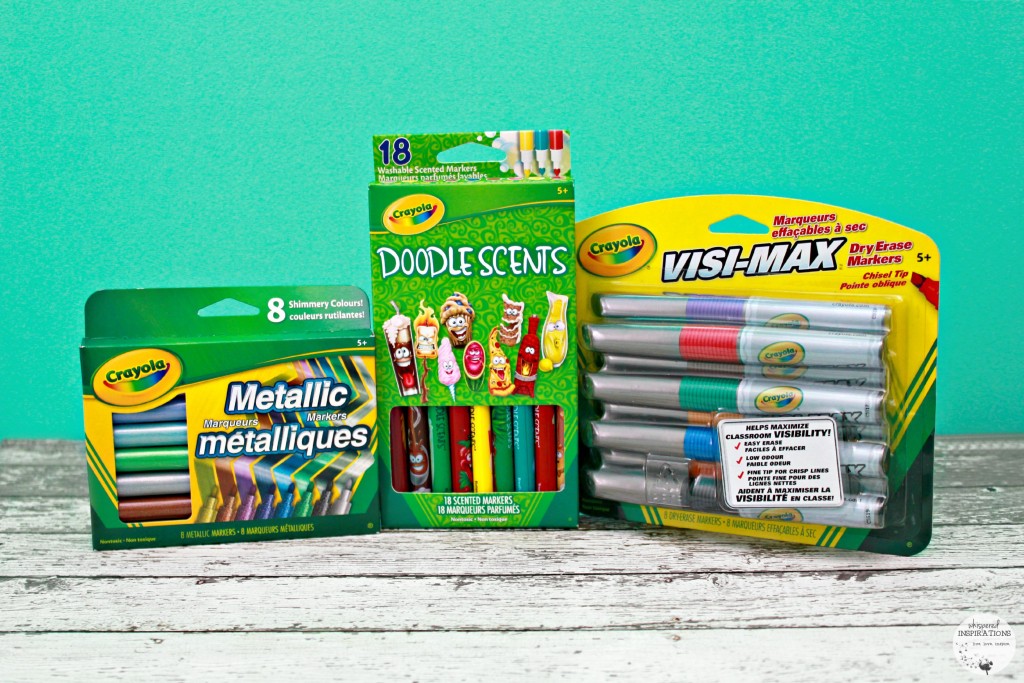 Metallic, Doodle Stars and VisaMax Crayola markers are displayed against a teal background.