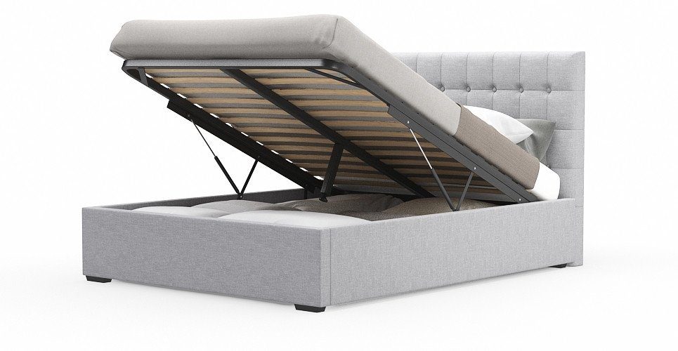 Bed is shown with storage underneath frame. 