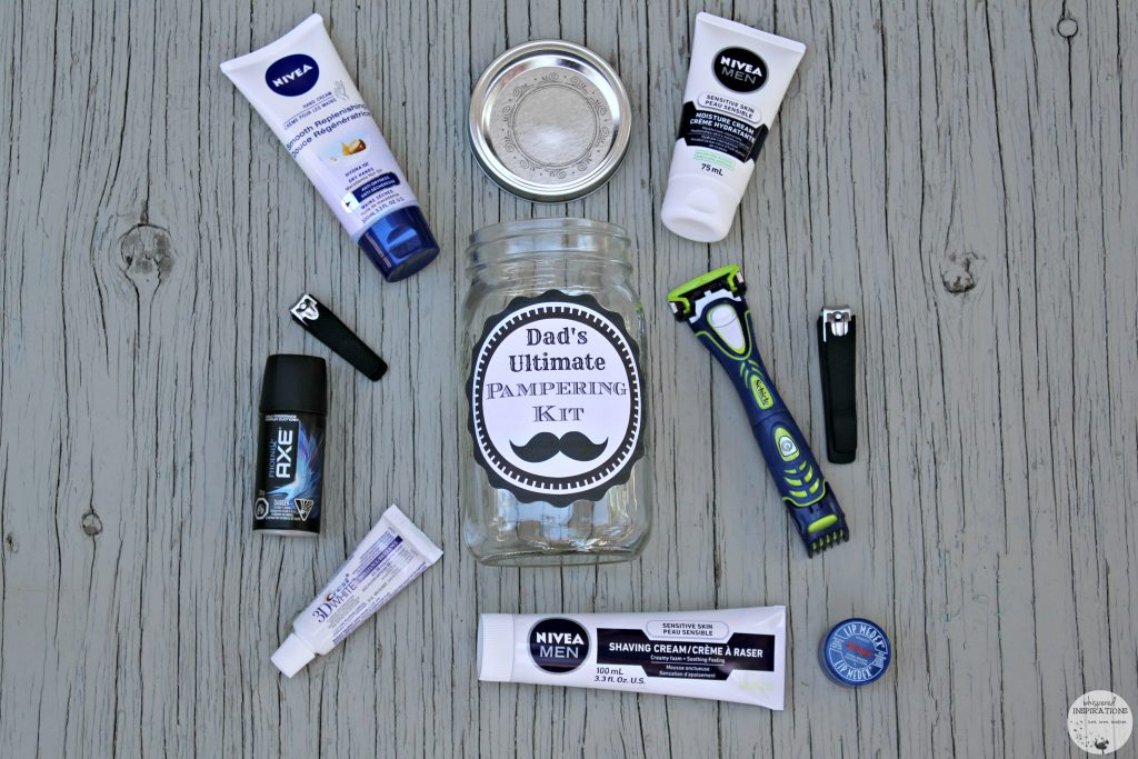 DIY Father's Day Gift Ideas: Dad's Ultimate Pampering Kit with everything that goes inside the mason jar.