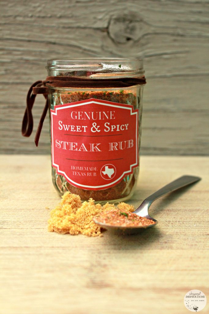 Sweet & Spicy Steak Rub with a brown ribbon and brown sugar with a spoon is pictured. 