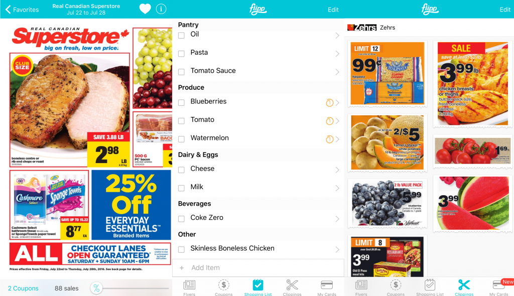 The flipp app showing flyers and checklists to popular stores. 