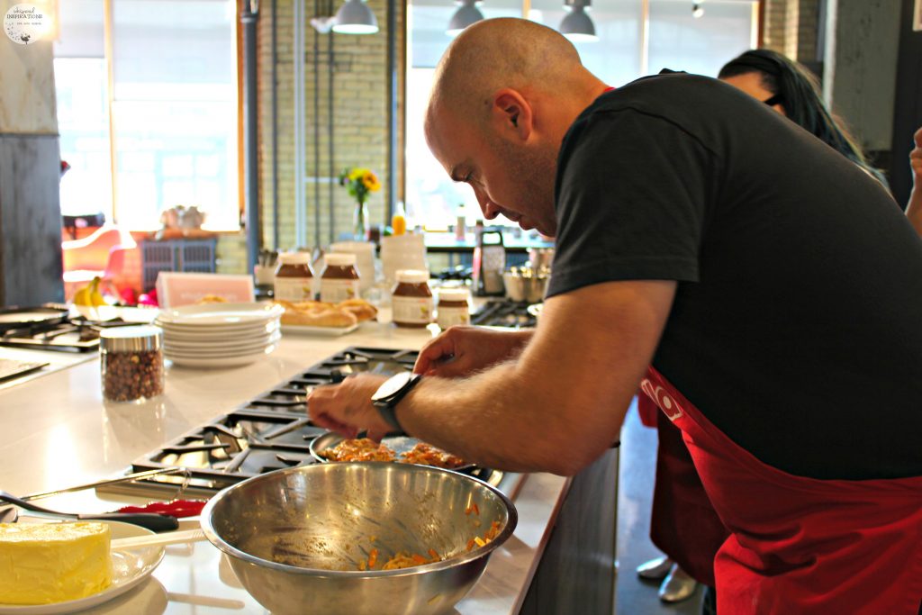 A chef prepares latkes with Nutella. 