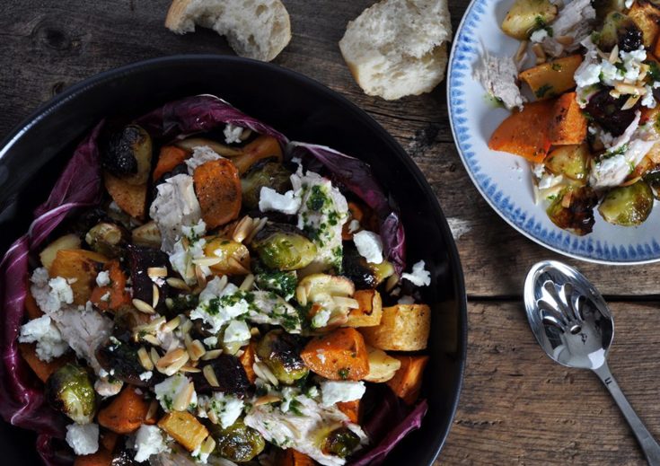 Warm Turkey and Root Vegetable Salad with Goat Cheese Dressing