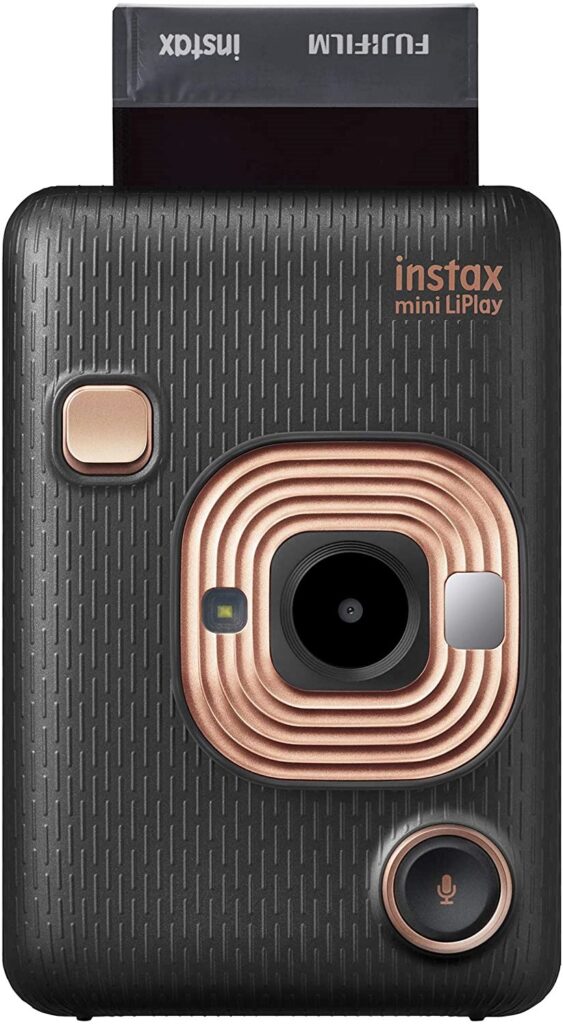 A Fuji Instax LiPlay camera in black and rose gold. 