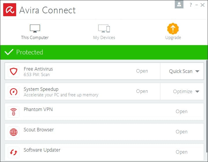 Avira Connect shows that your computer is connected and protected. 