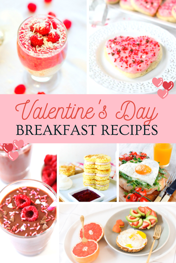 20 Delicious & Love-Filled Valentine's Day Breakfast Recipes! A collage shows various of the delicious recipes in the compilation. 