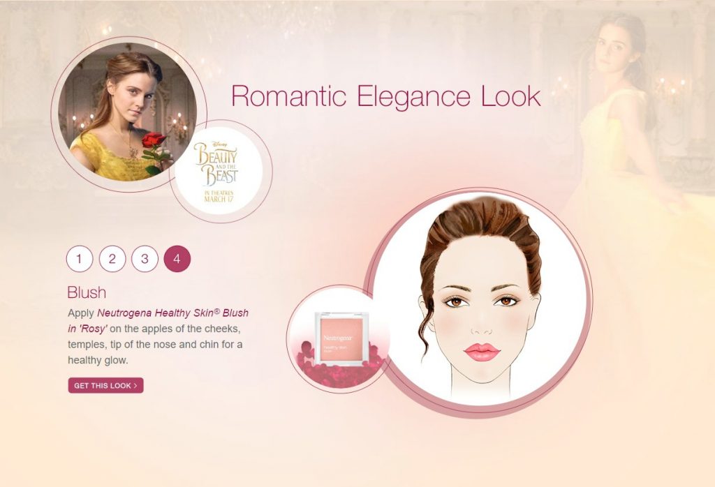 A graphic shows live-action Belle sporting a Romantic Elegance Look, it shows step by step instructions. 