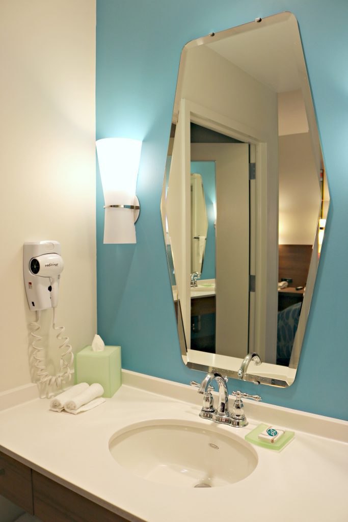 The bathroom vanity in the family suite at Cabana Bay Beach Resort. 