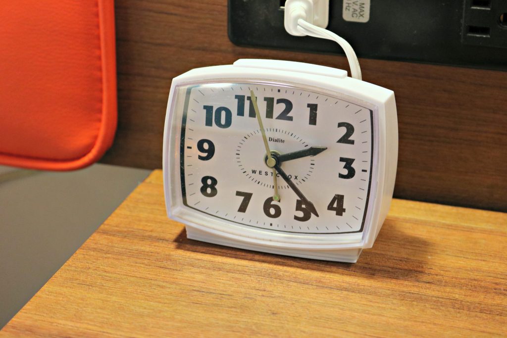 Retro alarm clock in the room at Cabana Bay Beach Resort. 