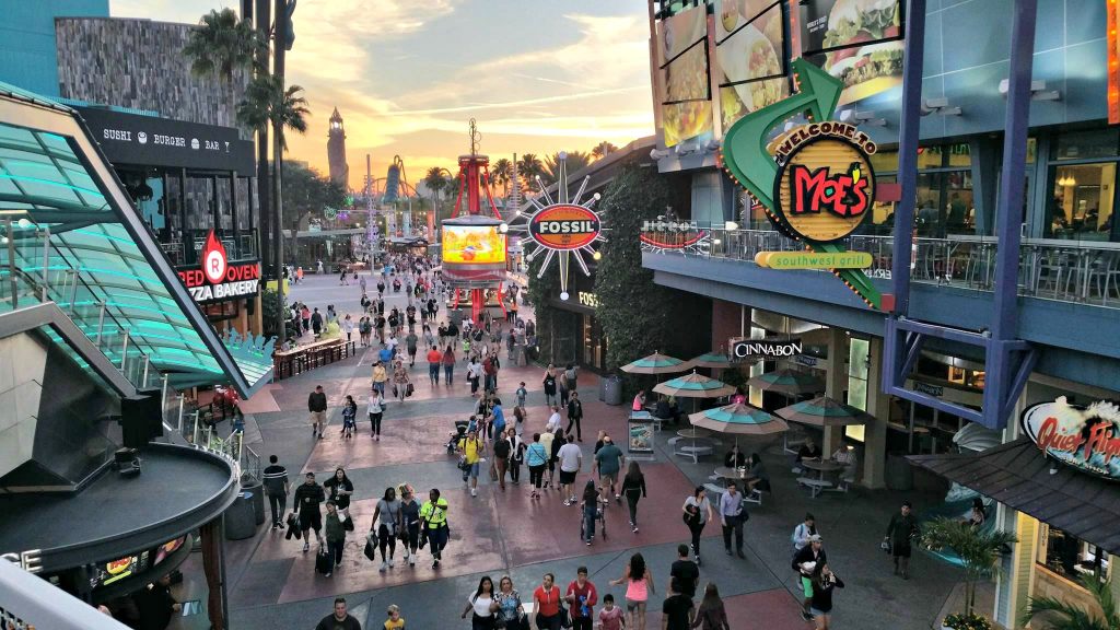 A wide shot of CityWalk at sunset is shown.