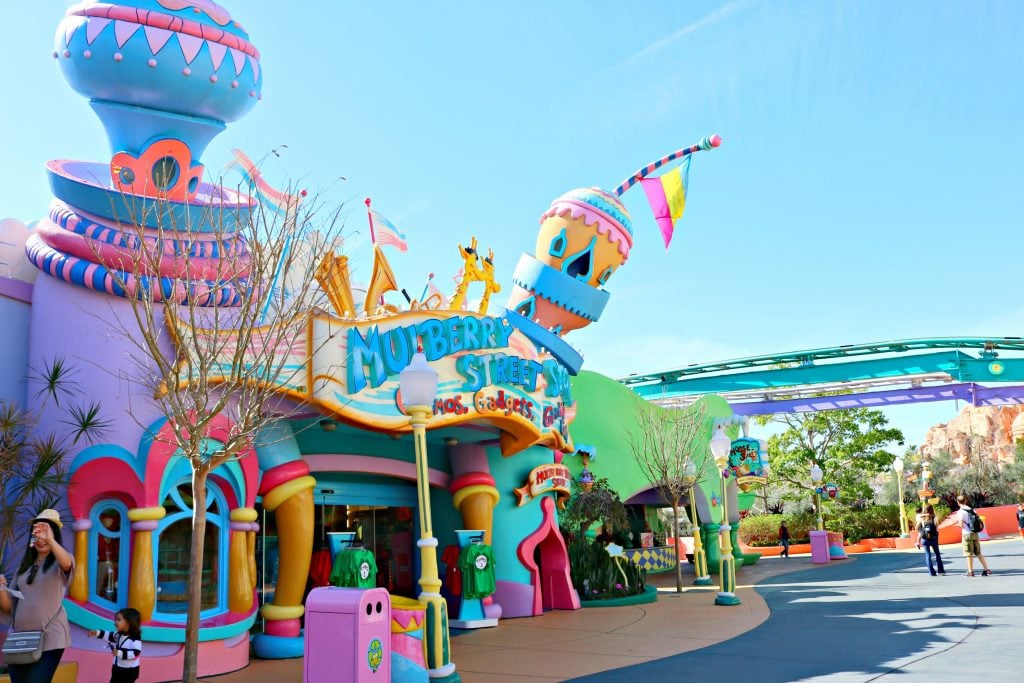 A colourful building is shown at Seuss Landing in Universal Studios. 