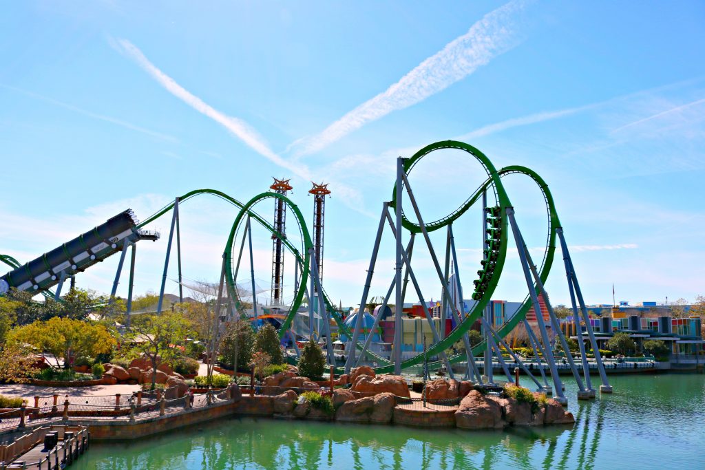 The entire ride of the Hulk ride at Universal Studios is shown.