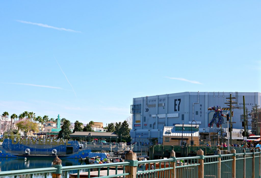 A look at the park, the Transformers ride is seen in the distance. 