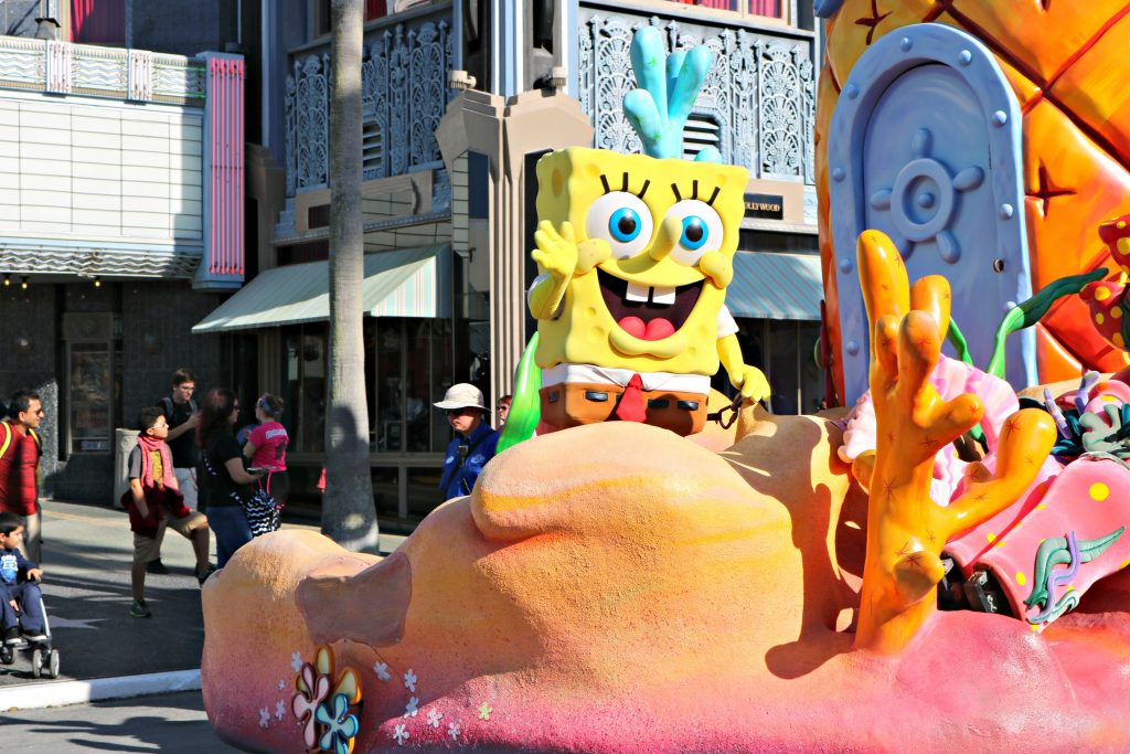 Spongebob waves atop his float in the parade. 