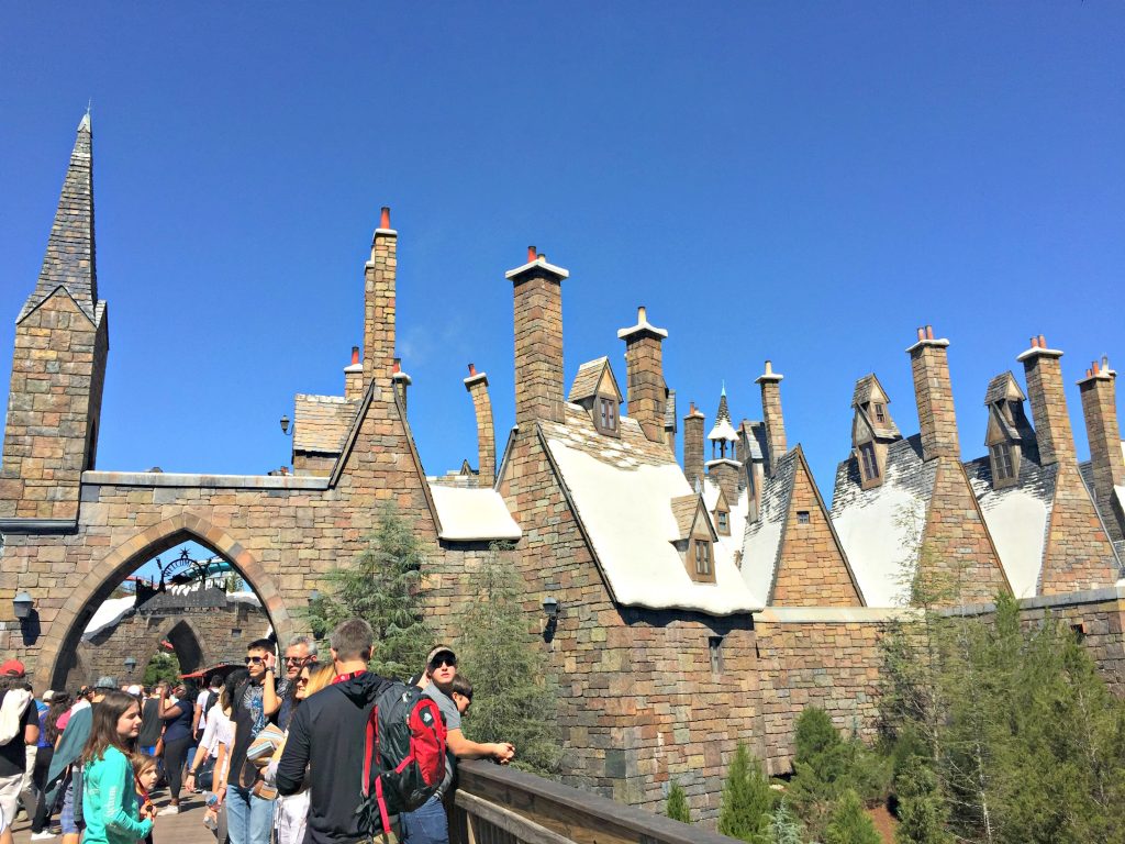 A crowd of people stand in front of Hogsmeade. 