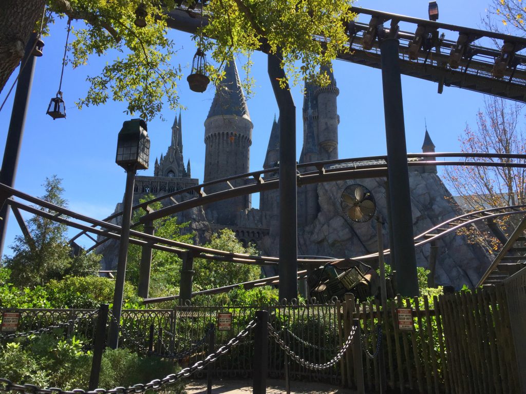 Flight of the Hippogriff ride with Hogwars in the background. 