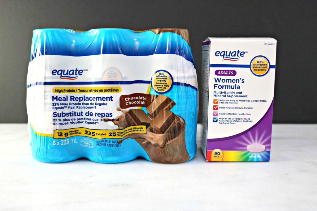 A case of Equate meal replacements and Adult Multivitamins.