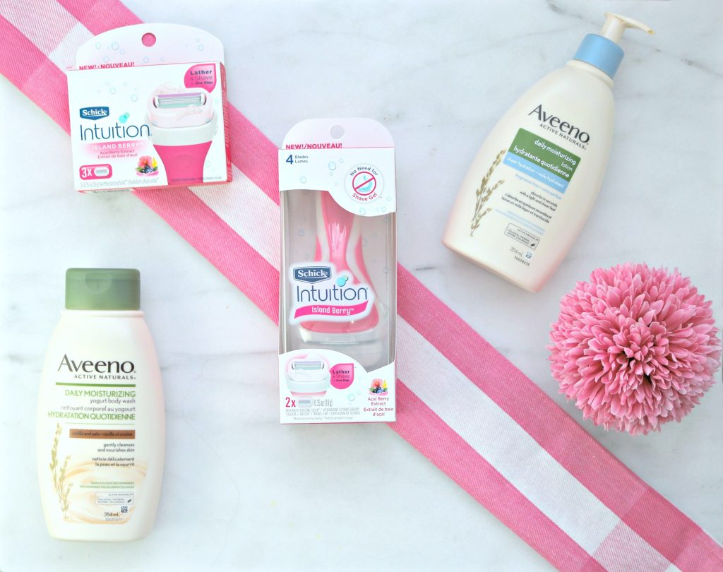 Flat lay of Aveeno, Schick Inutuition razors and replacements. These help prepare your legs for summer.