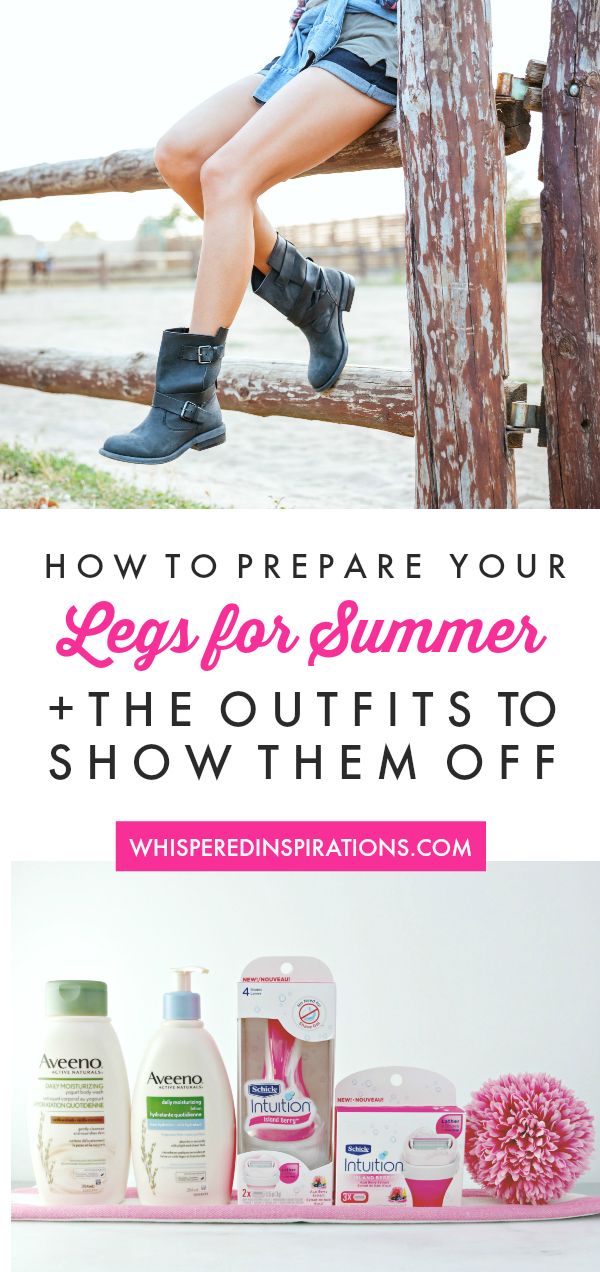 A woman wears denim shorts, boots, and only her legs are shown. She sits on a fence, below are razors. A banner reads, "How to Prepare your Legs for Summer."