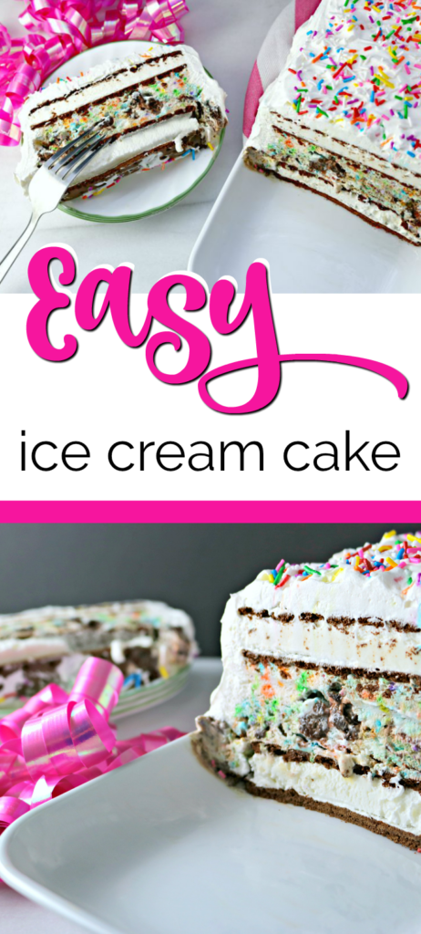 Get your party on with this easy Ice Cream Cake Recipe! Super simple to make and you will only spend a fraction of what you spend on store bought! #easyrecipes #easyicecreamcake #icecreamcake #icecreamcakerecipe