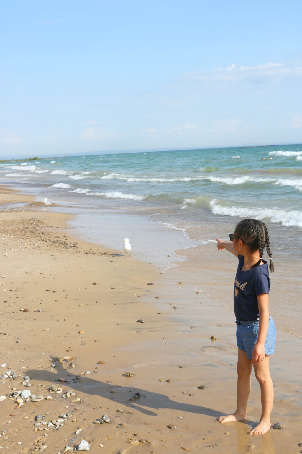 Mimi points at a seagull at Sherkston Shores beach.