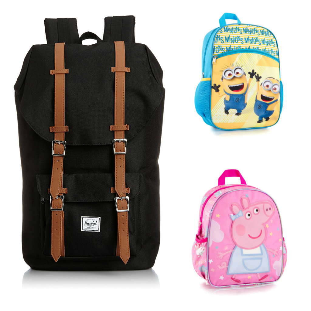 A Hershel backpack, a Peppa Pig backpack, and a Minions backpack. 