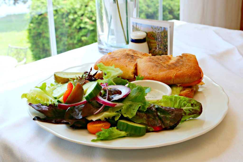 A garden salad and a delicious grilled chicken panini. 