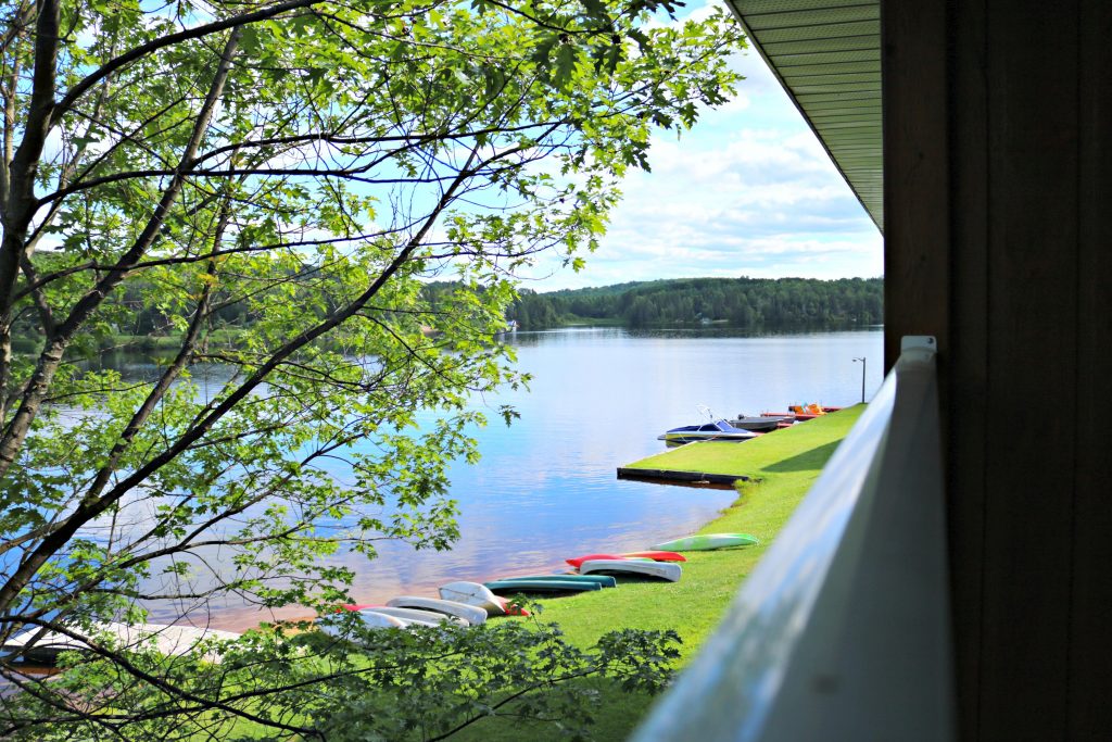 The view of the lake and canoes from one of the balconies. 