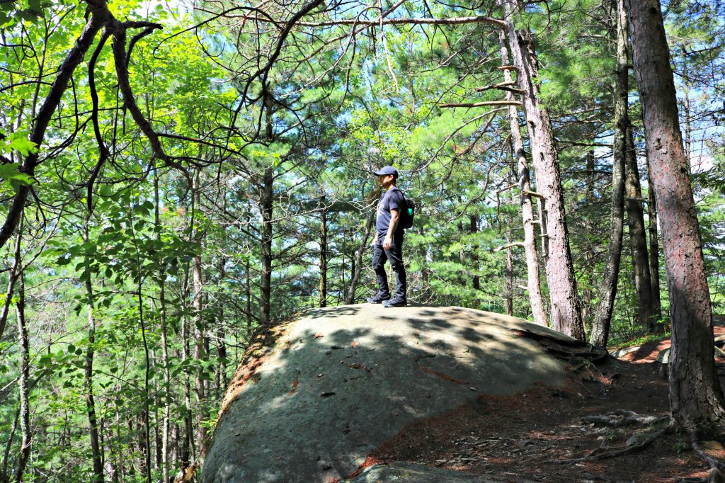 Darasak hikes up to a rock and looks over, it's a far shot and the woods are seen. 