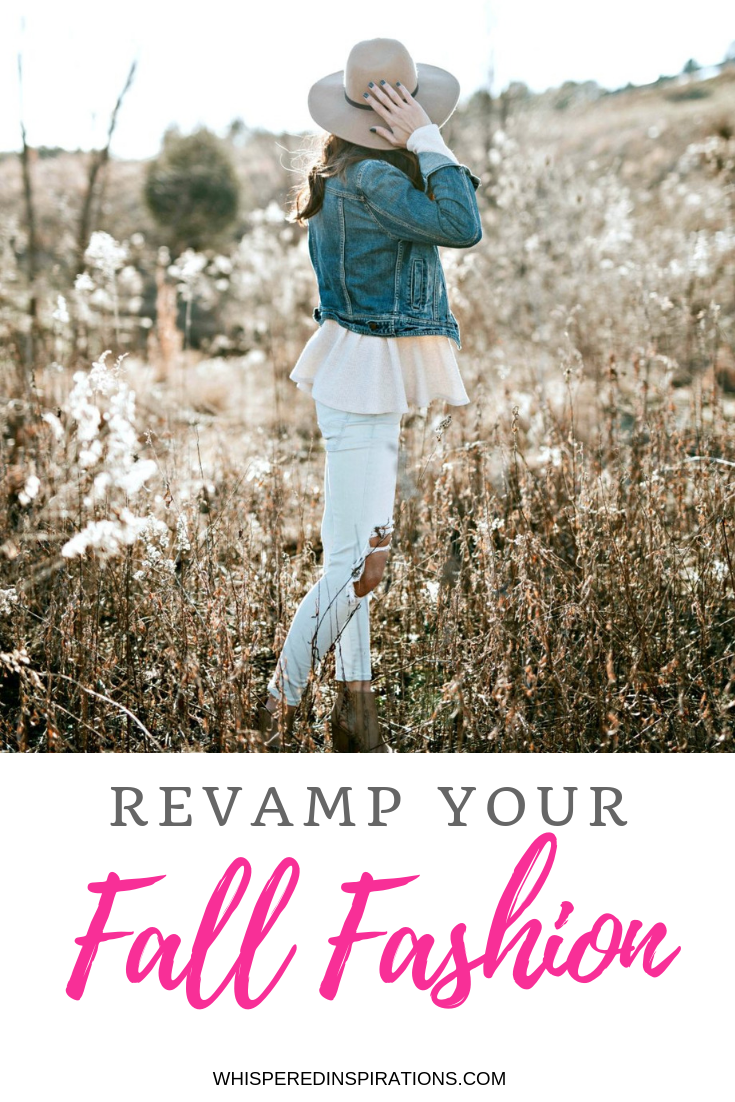 Woman in a field, looks away. She is wearing a denim jacket, hat, and boots. A banner below reads, 'Revamp Your Fall Fashion'.