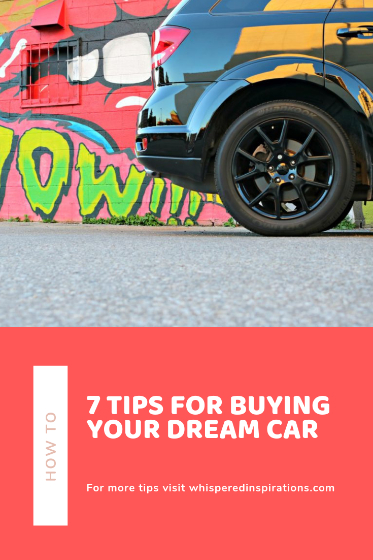 A Dodge Journey is pictured in front of a graffiti wall, a banner below reads, "How To: 7 Tips for Buying Your Dream Car."