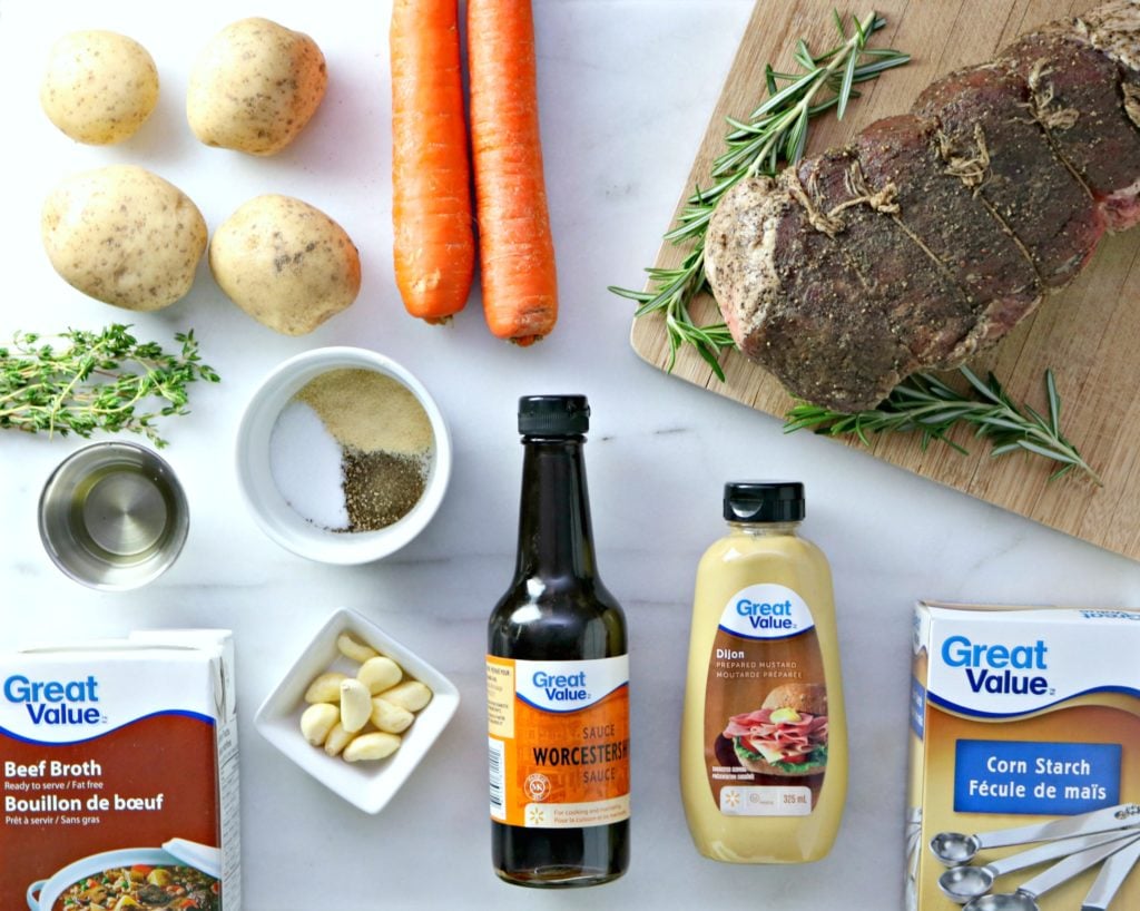 All the ingredients needed for making a roast beef with all the fixings. 